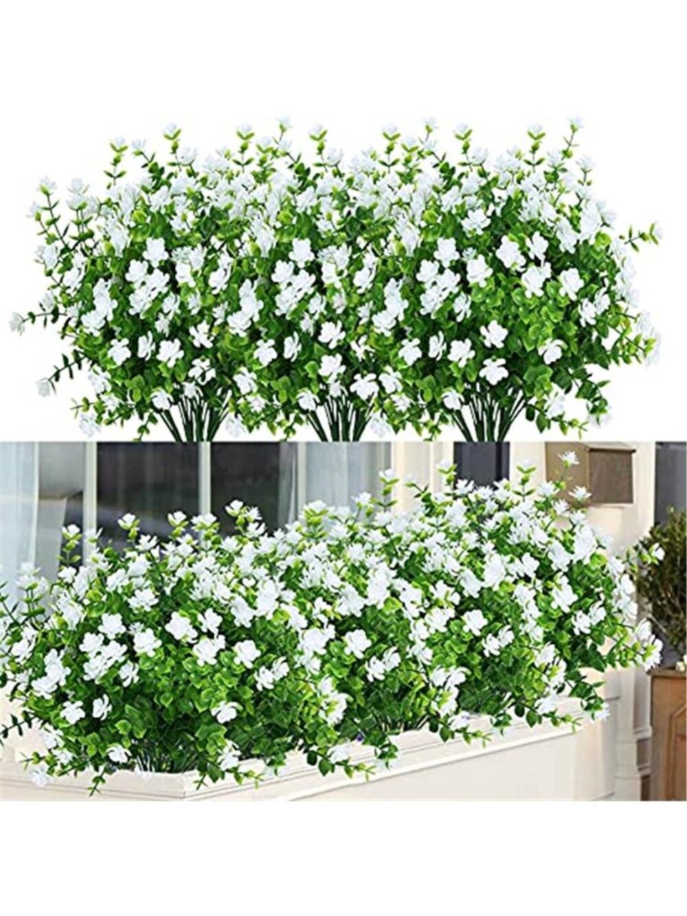 Artificial Outdoor Flowers UV Resistant Fake Boxwood Faux Greenery White Set 6